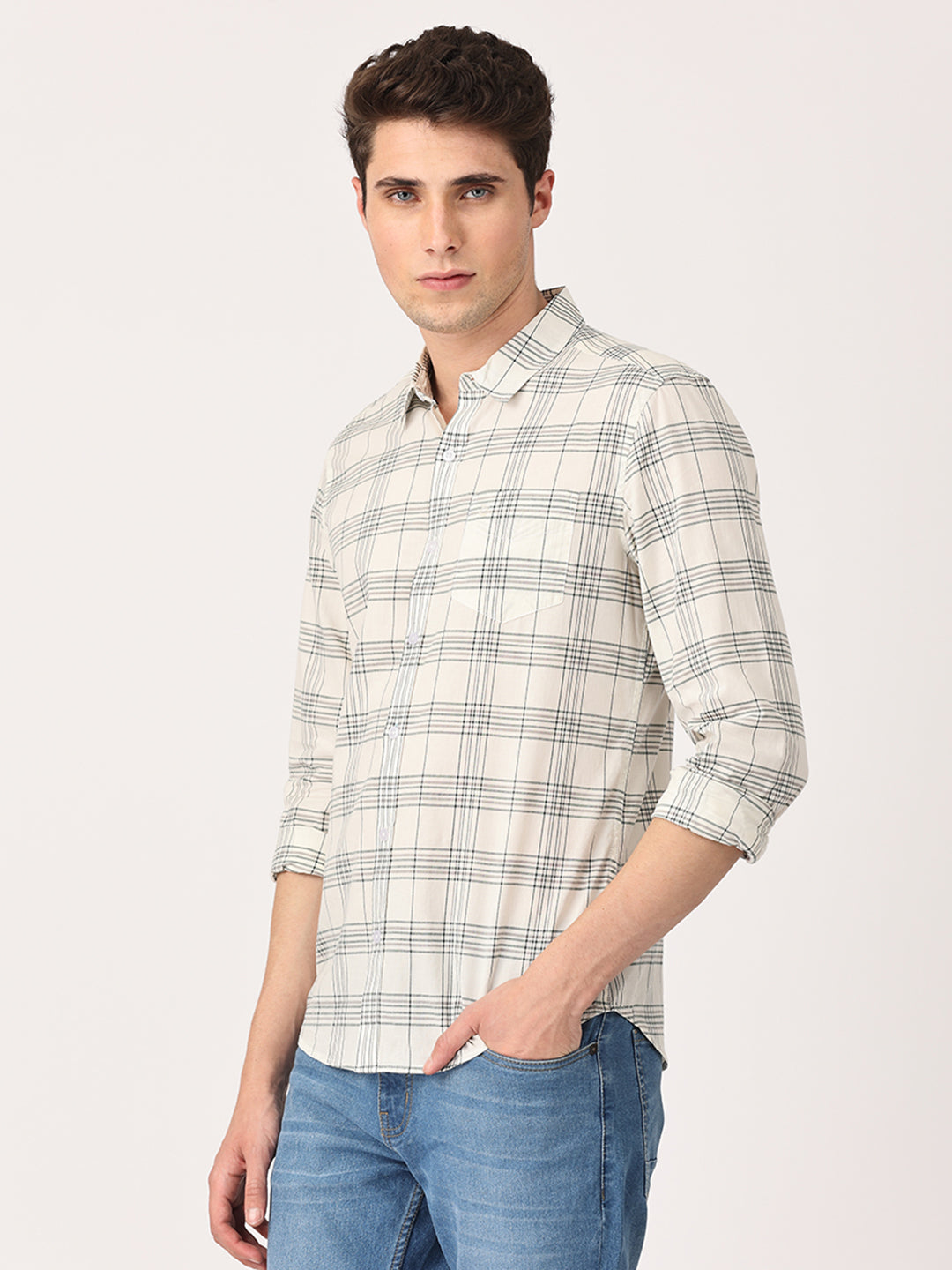 Crosscreek Men White Slim Fit Checked Cotton Casual Shirt Crosscreek