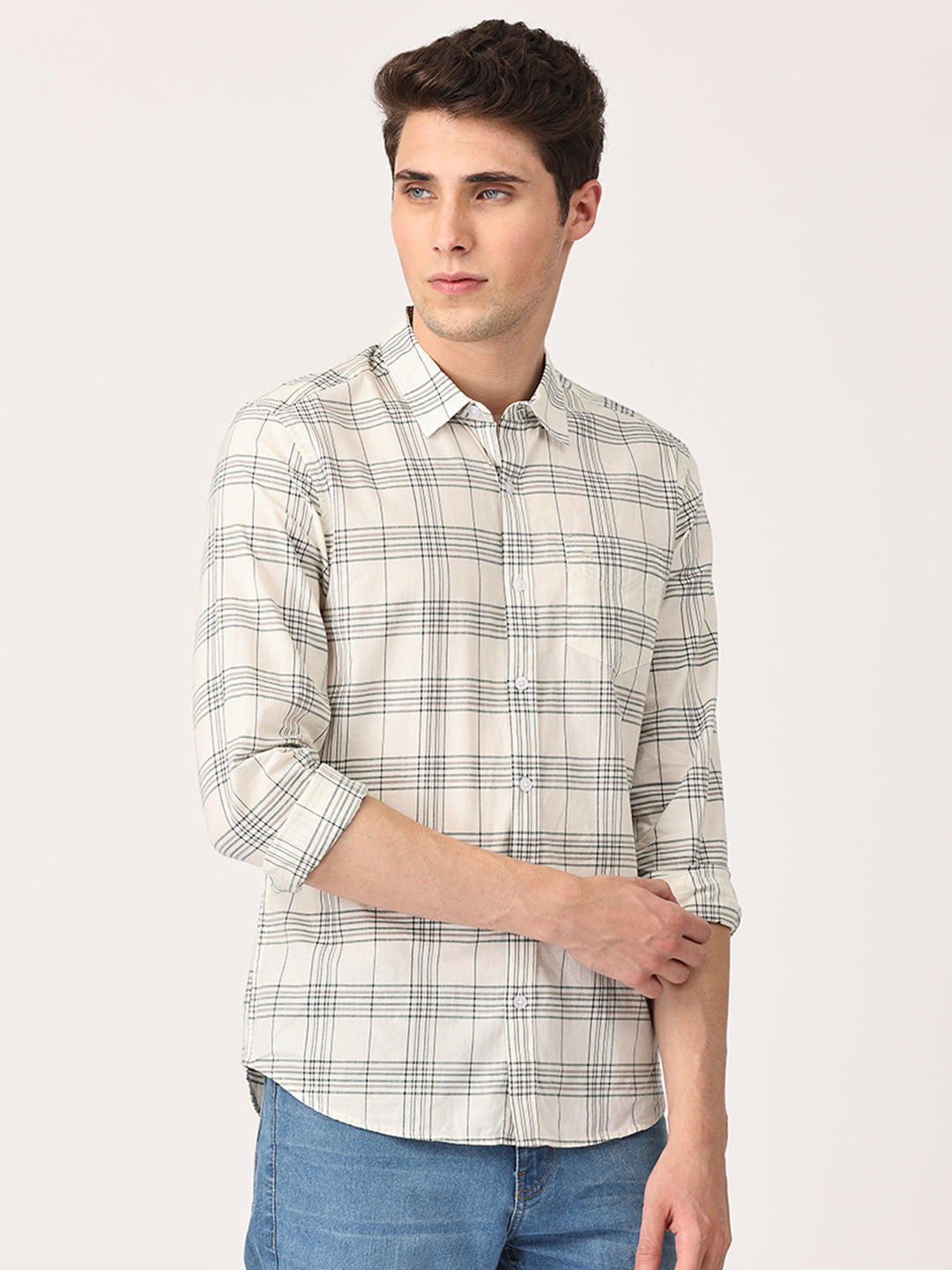 Crosscreek Men White Slim Fit Checked Cotton Casual Shirt Crosscreek