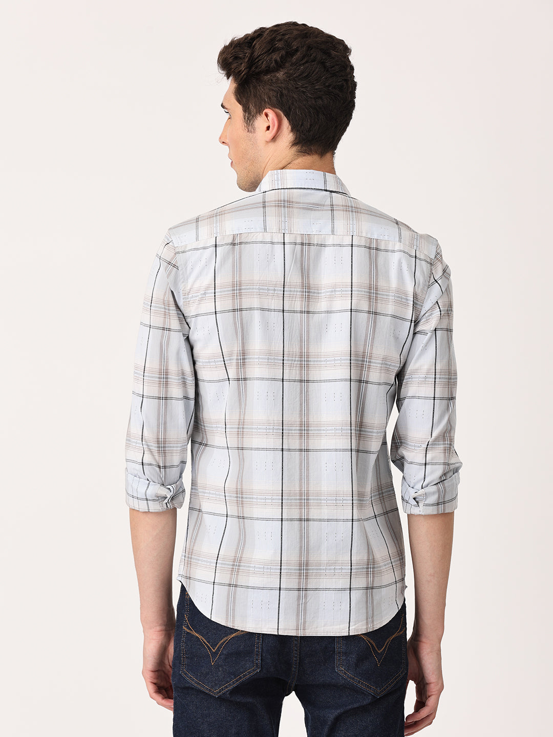 Crosscreek Men Light Grey Slim Fit Checked Cotton Casual Shirt