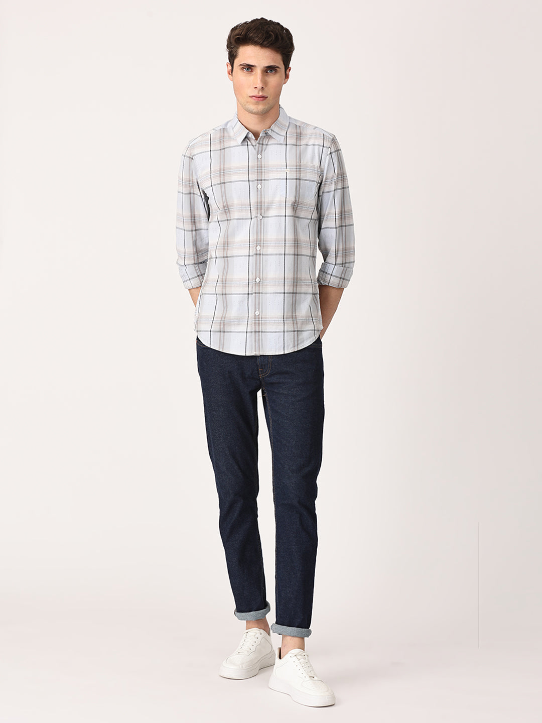 Crosscreek Men Light Grey Slim Fit Checked Cotton Casual Shirt