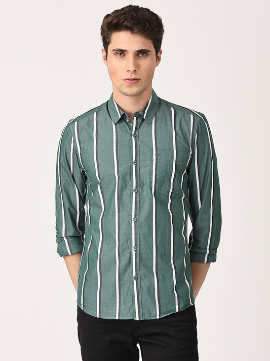 Crosscreek Men Green Slim Fit Striped Cotton Casual Shirt