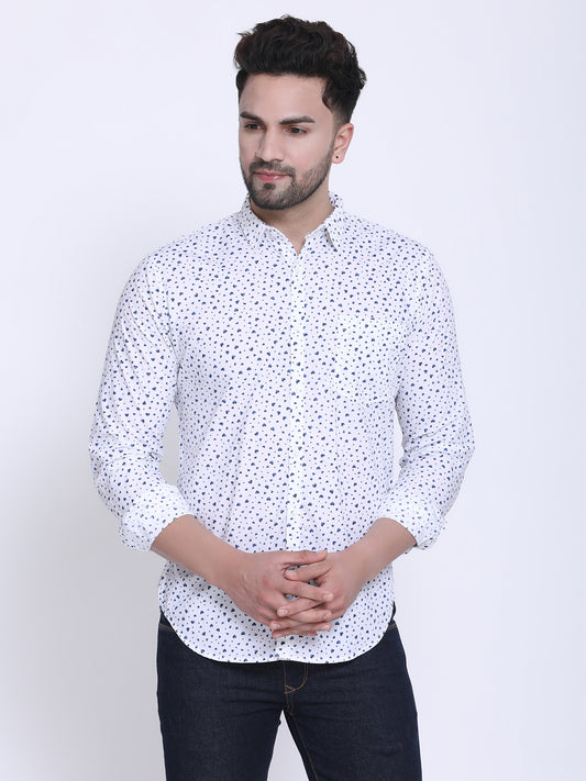 Crosscreek Men White & Blue Slim Fit Printed Casual Shirt Crosscreek
