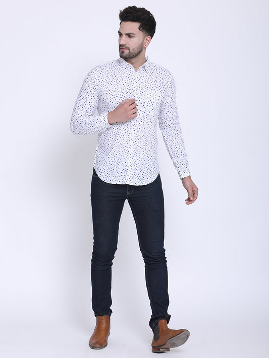 Crosscreek Men White & Blue Slim Fit Printed Casual Shirt Crosscreek