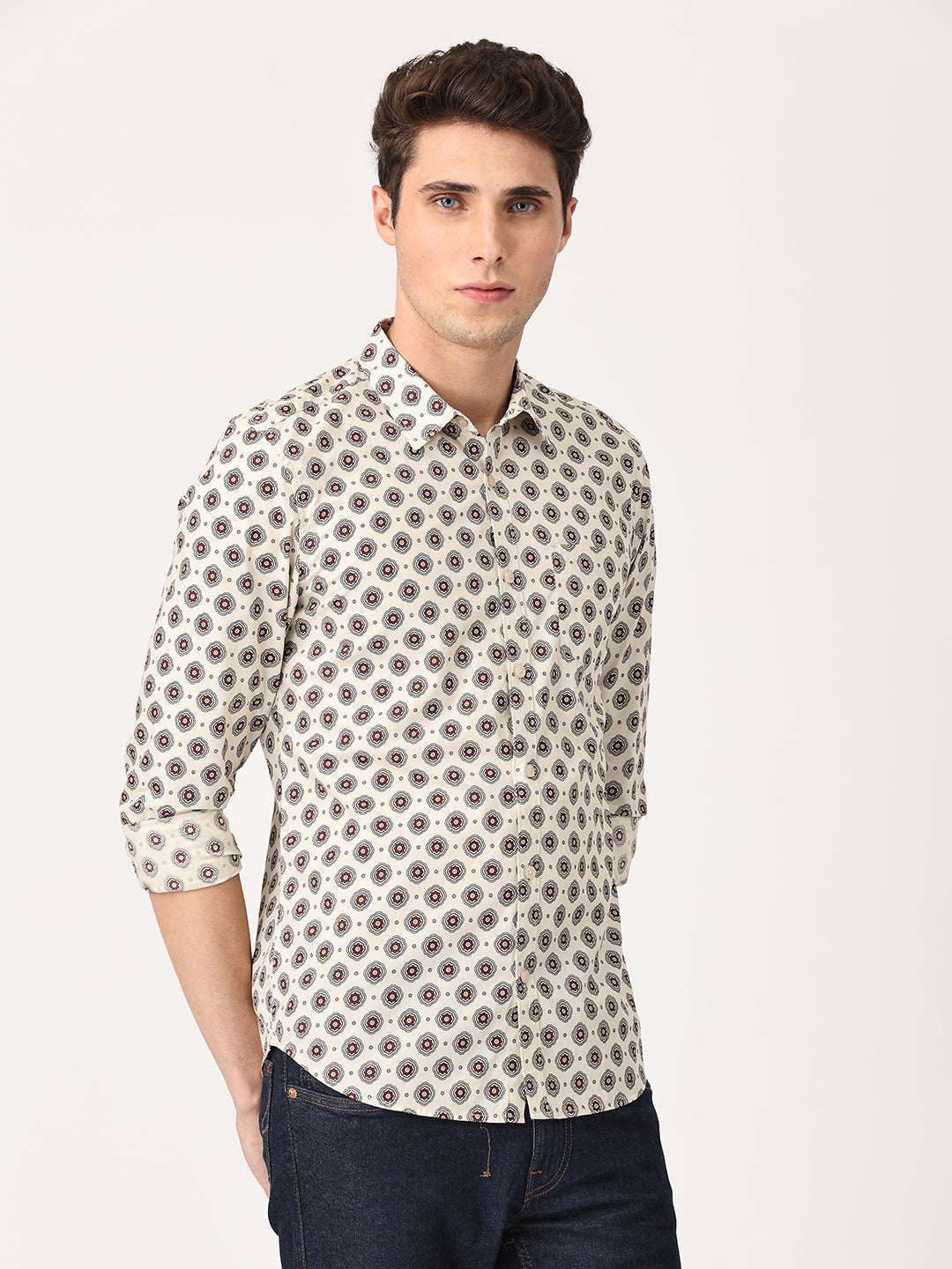 Crosscreek Men Brown Slim Fit Printed Cotton Casual Shirt