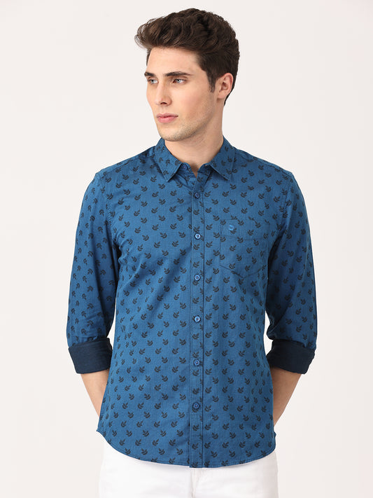 Crosscreek Men Blue with Black Slim Fit Printed Cotton Casual Shirt Crosscreek