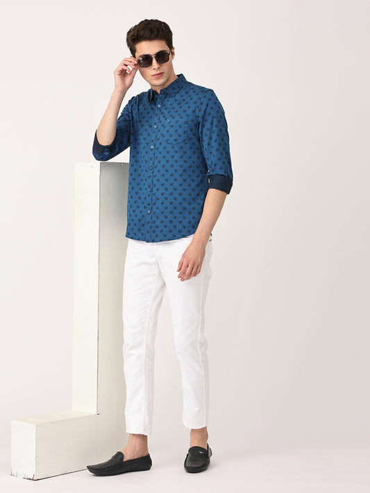 Crosscreek Men Blue with Black Slim Fit Printed Cotton Casual Shirt Crosscreek