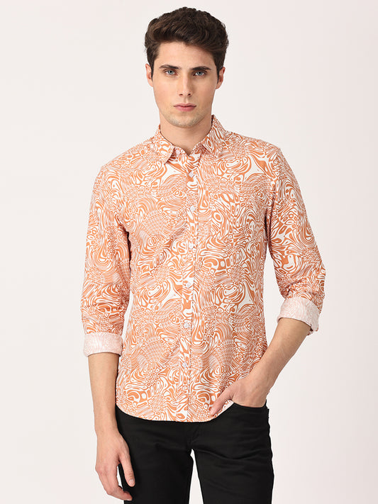 Crosscreek Men Brown Slim Fit Printed Cotton Casual Shirt