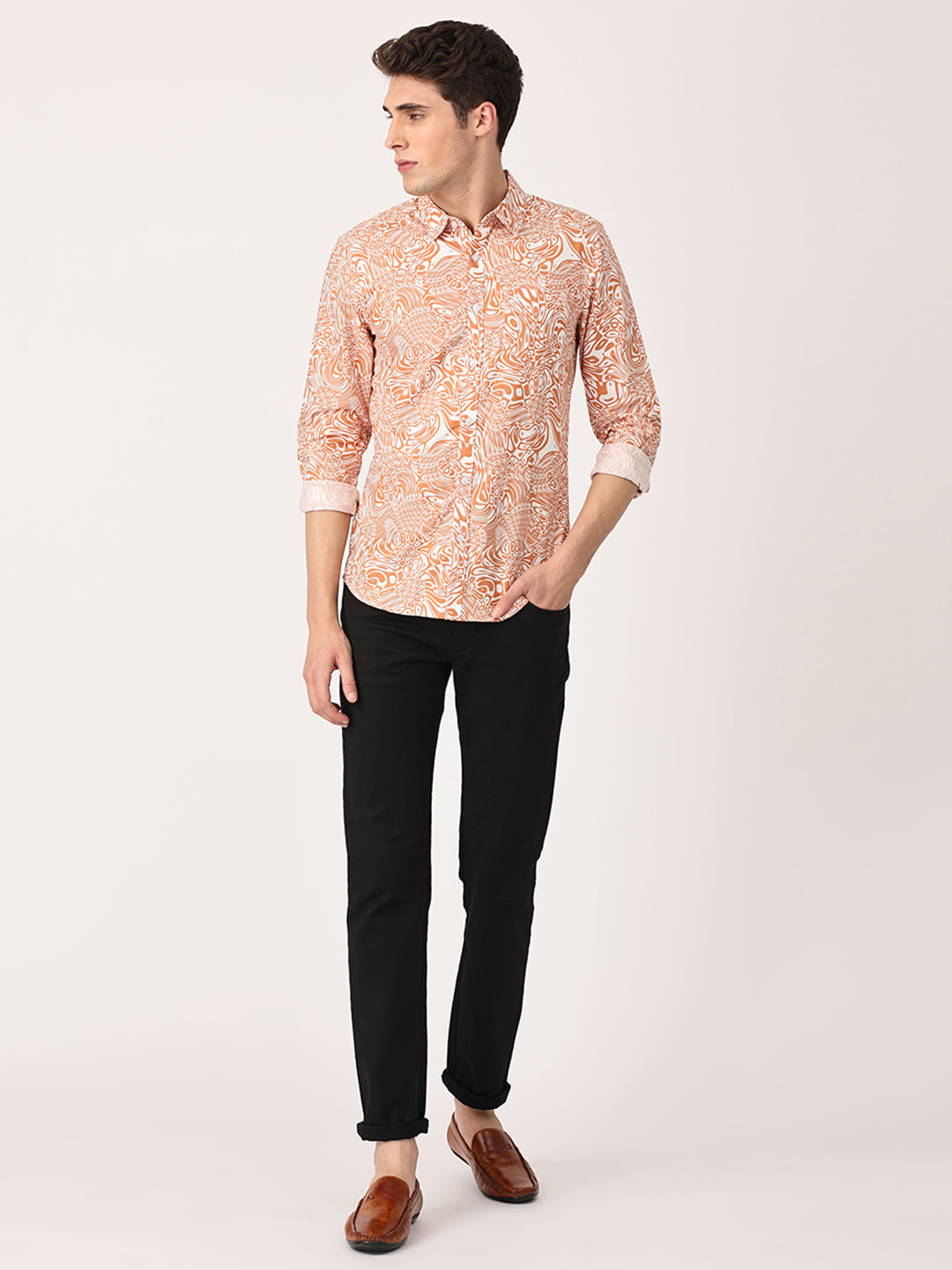 Crosscreek Men Brown Slim Fit Printed Cotton Casual Shirt