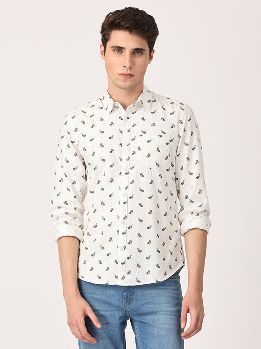 Crosscreek Men White Slim Fit Printed Cotton Casual Shirt