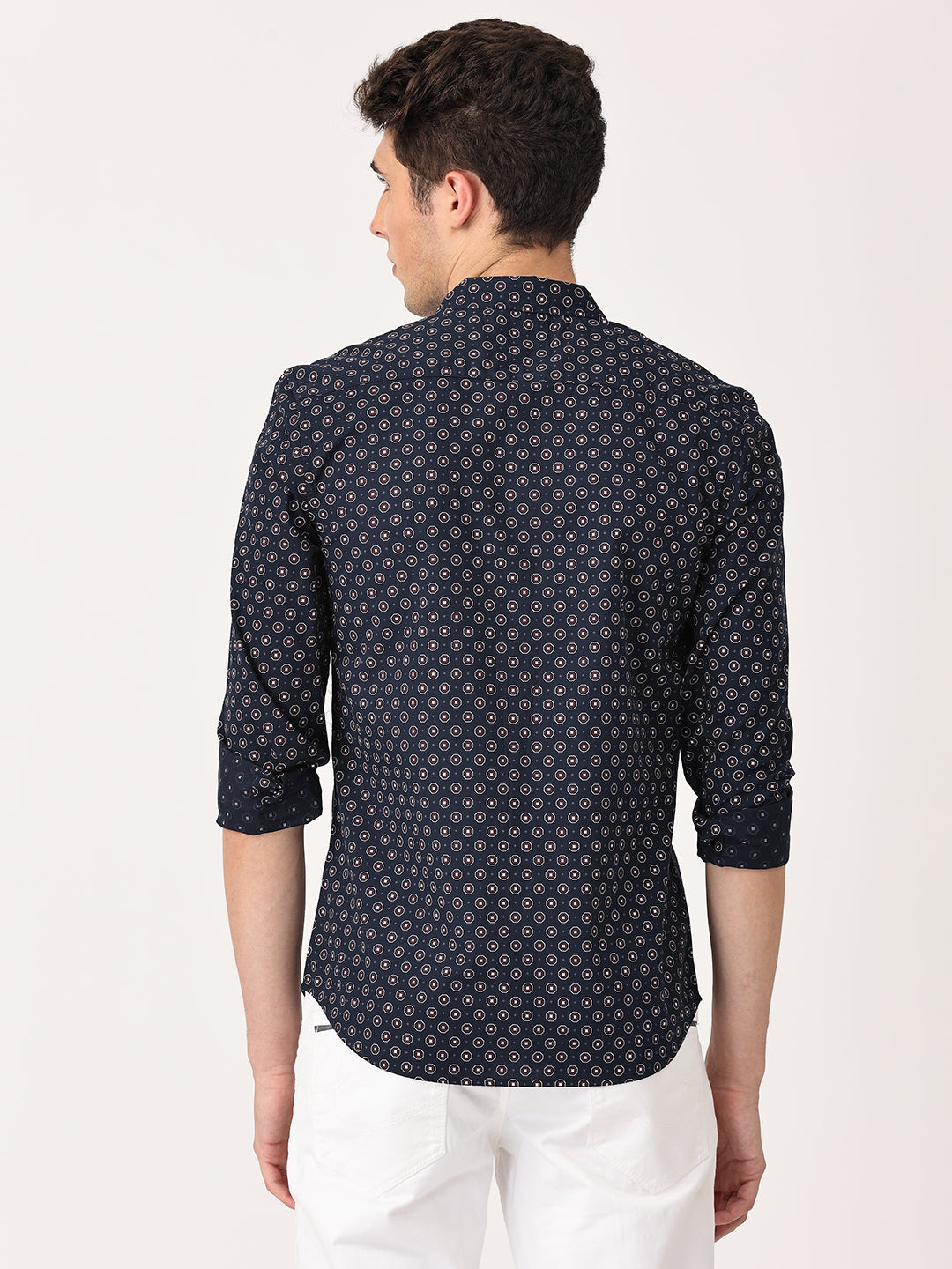 Crosscreek Men Navy Blue Slim Fit Printed Cotton Casual Shirt