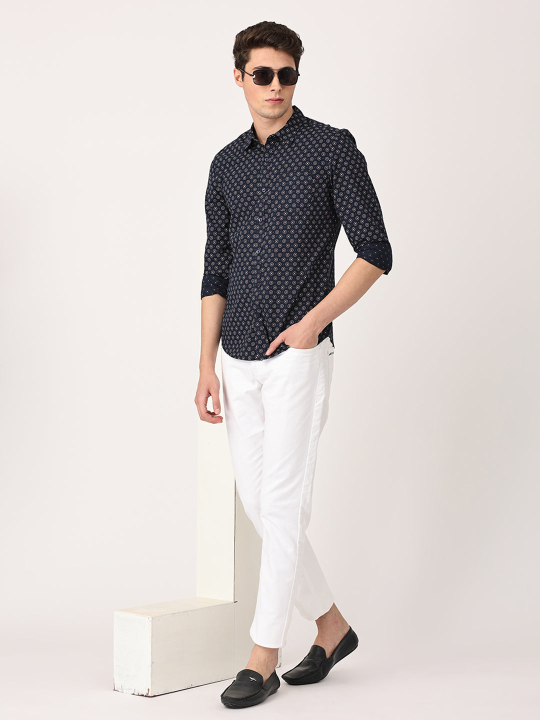 Crosscreek Men Navy Blue Slim Fit Printed Cotton Casual Shirt
