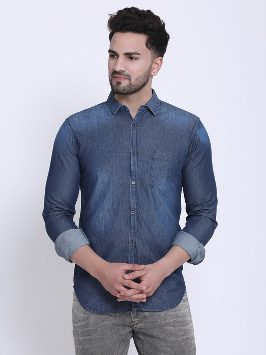 Crosscreek Men Blue Slim Fit Faded Casual Denim Shirt Crosscreek