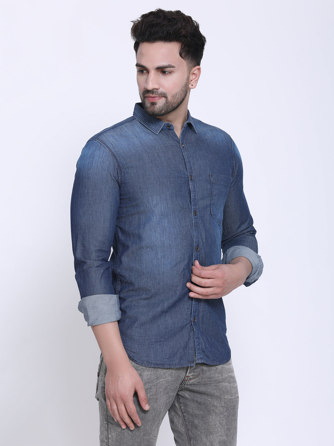 Crosscreek Men Blue Slim Fit Faded Casual Denim Shirt Crosscreek