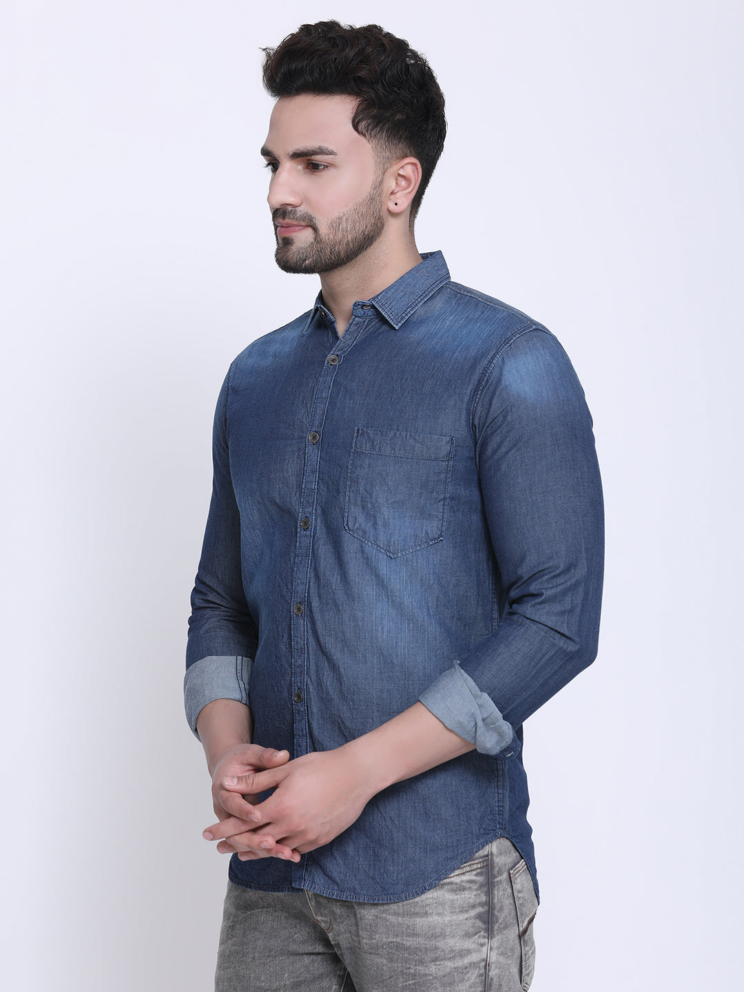Crosscreek Men Blue Slim Fit Faded Casual Denim Shirt Crosscreek