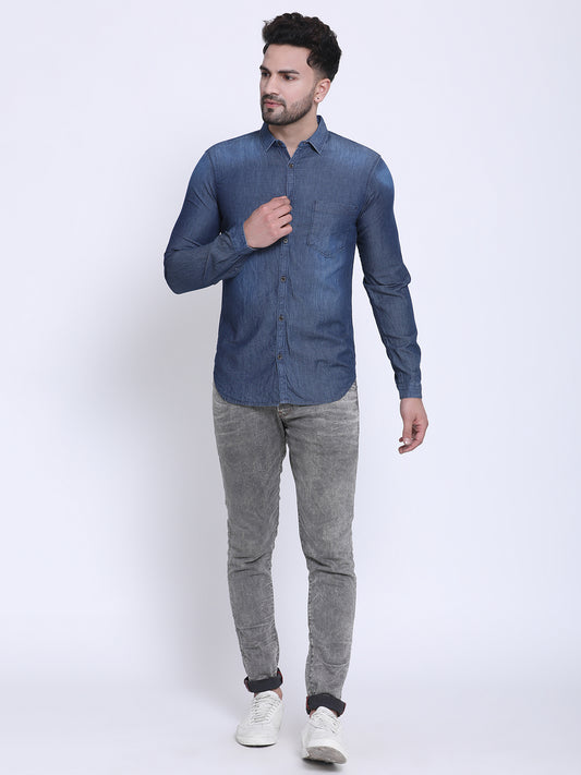 Crosscreek Men Blue Slim Fit Faded Casual Denim Shirt Crosscreek