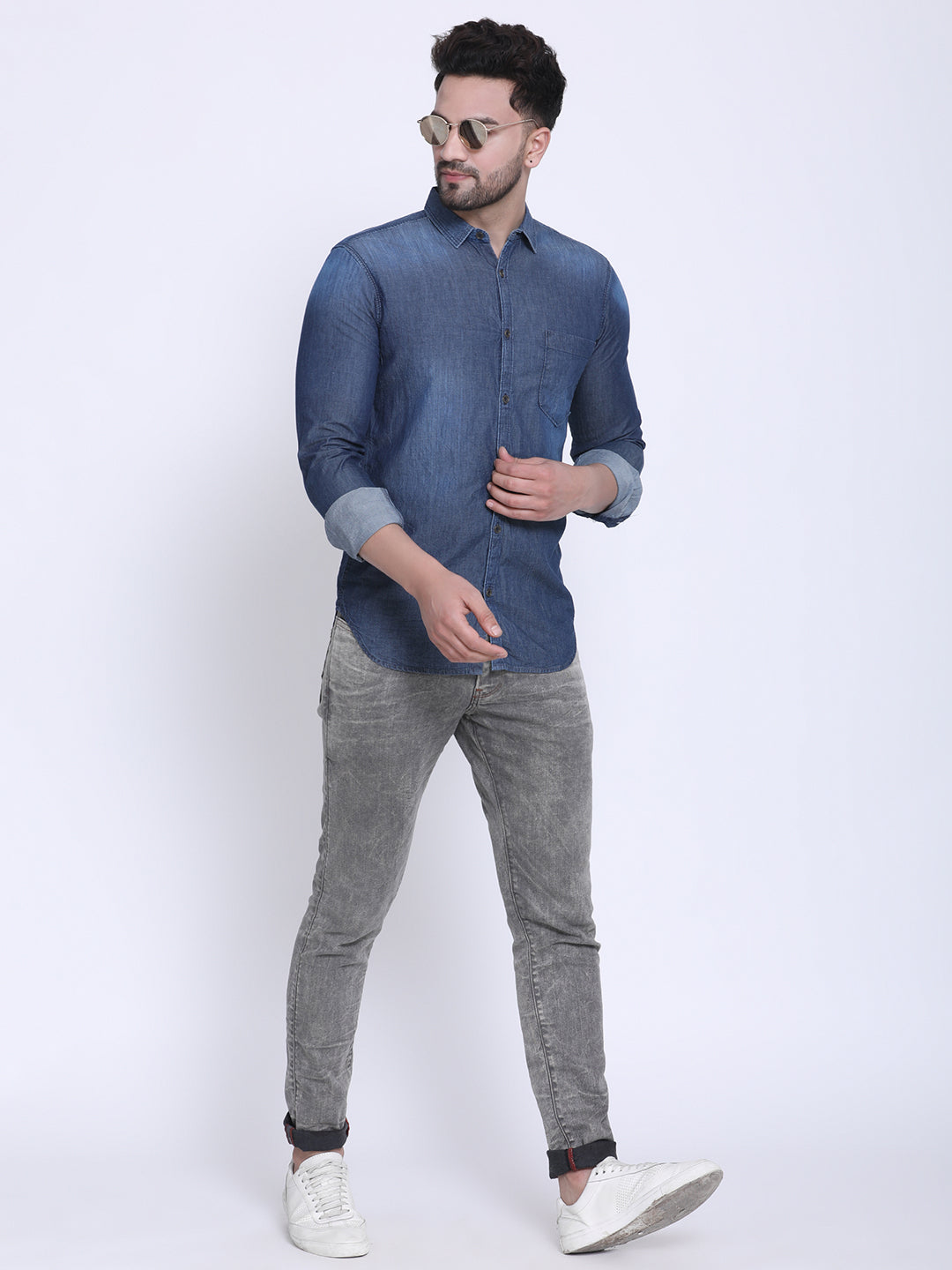 Crosscreek Men Blue Slim Fit Faded Casual Denim Shirt Crosscreek