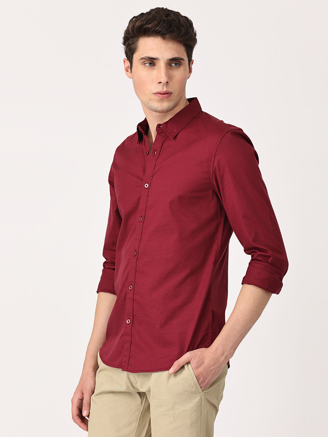Crosscreek Men Maroon Slim Fit Solid Stretch Cotton Lycra Casual Shirt Crosscreek