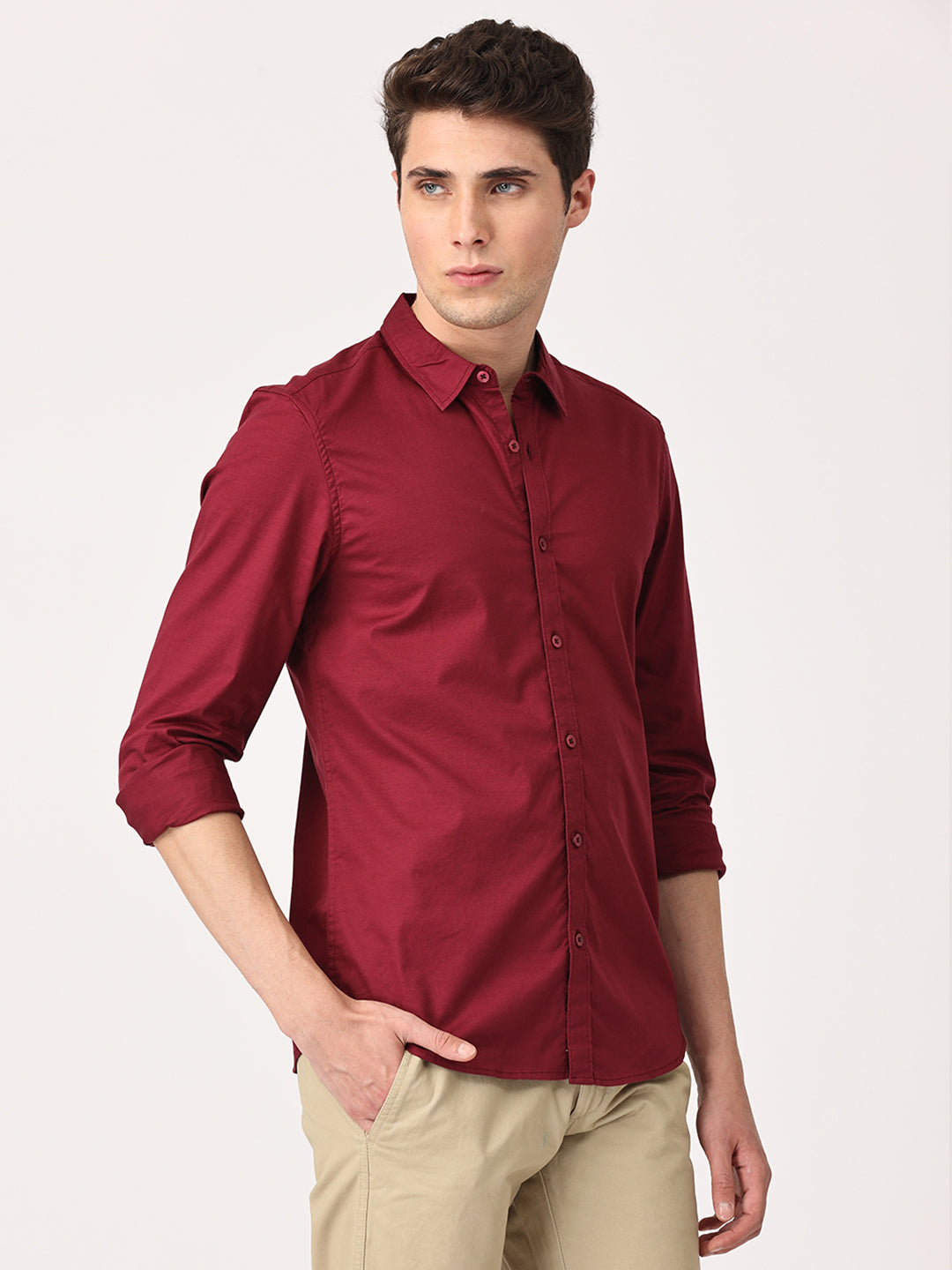 Crosscreek Men Maroon Slim Fit Solid Stretch Cotton Lycra Casual Shirt Crosscreek