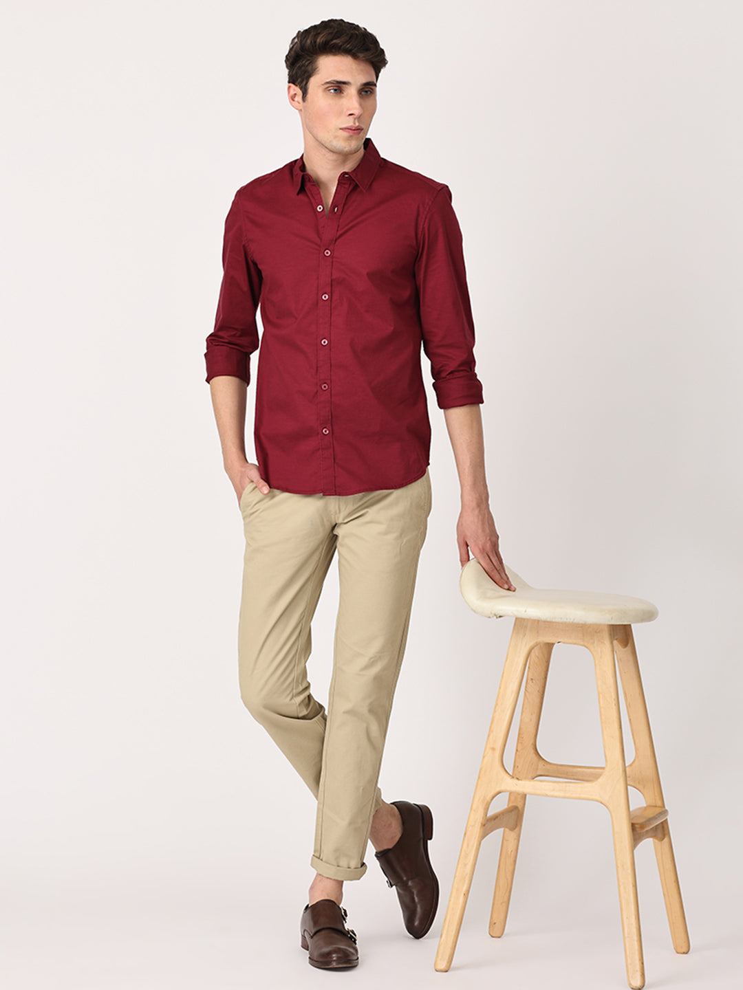 Crosscreek Men Maroon Slim Fit Solid Stretch Cotton Lycra Casual Shirt Crosscreek
