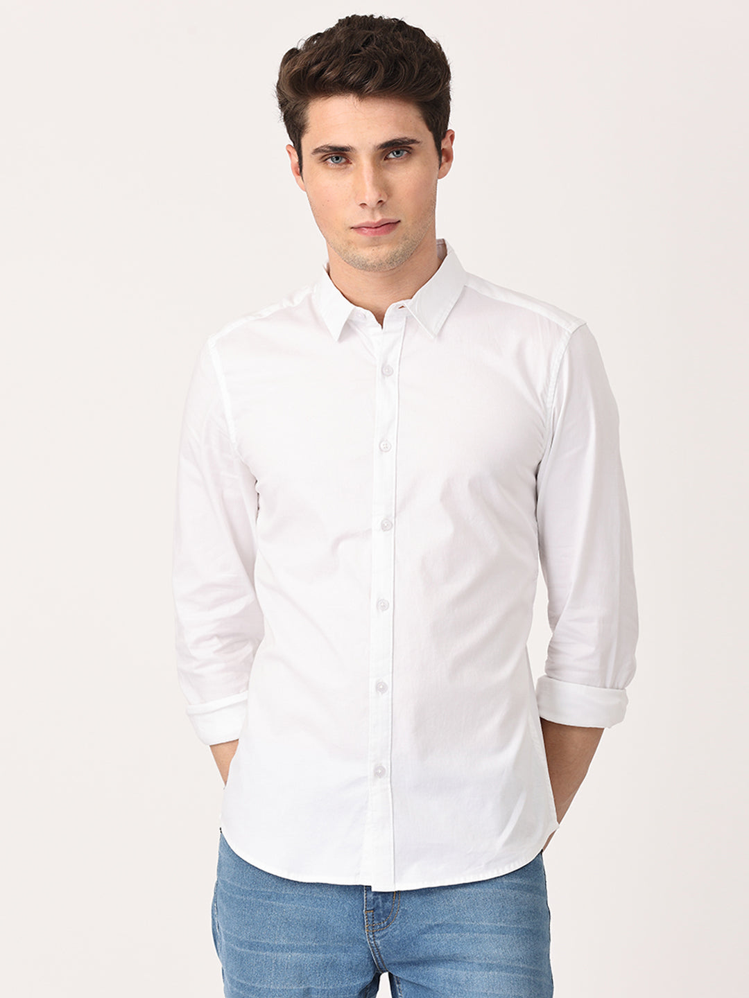 Solid Cotton Stretch Slim Fit Men's Casual Shirt