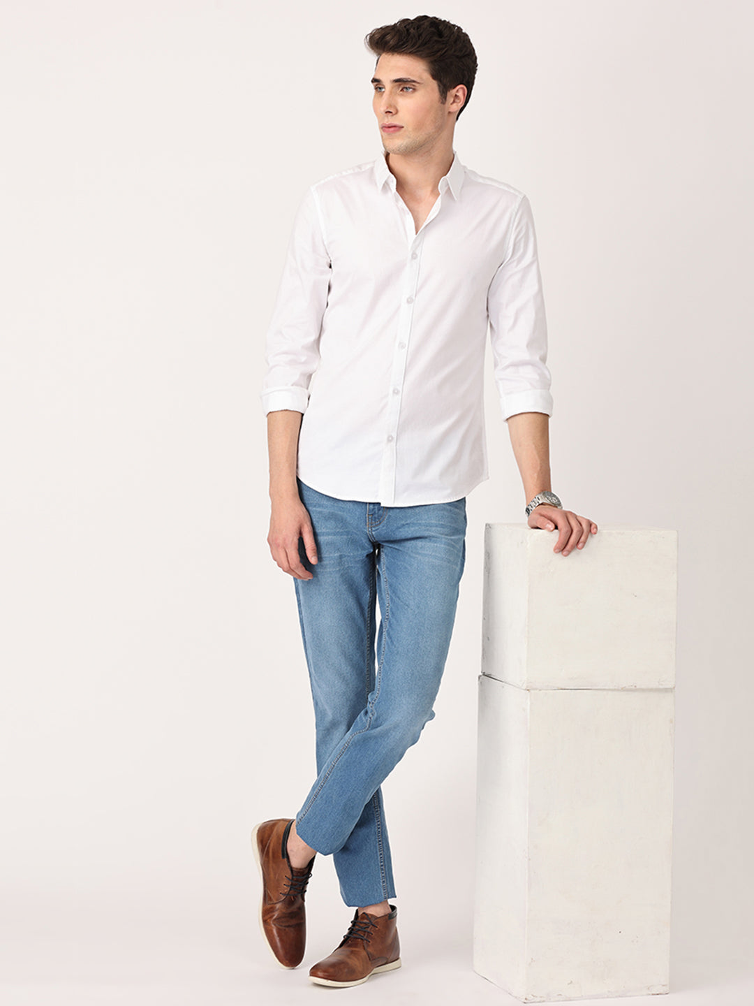 Crosscreek Men White Slim Fit Solid Stretch Cotton Lycra Casual Shirt