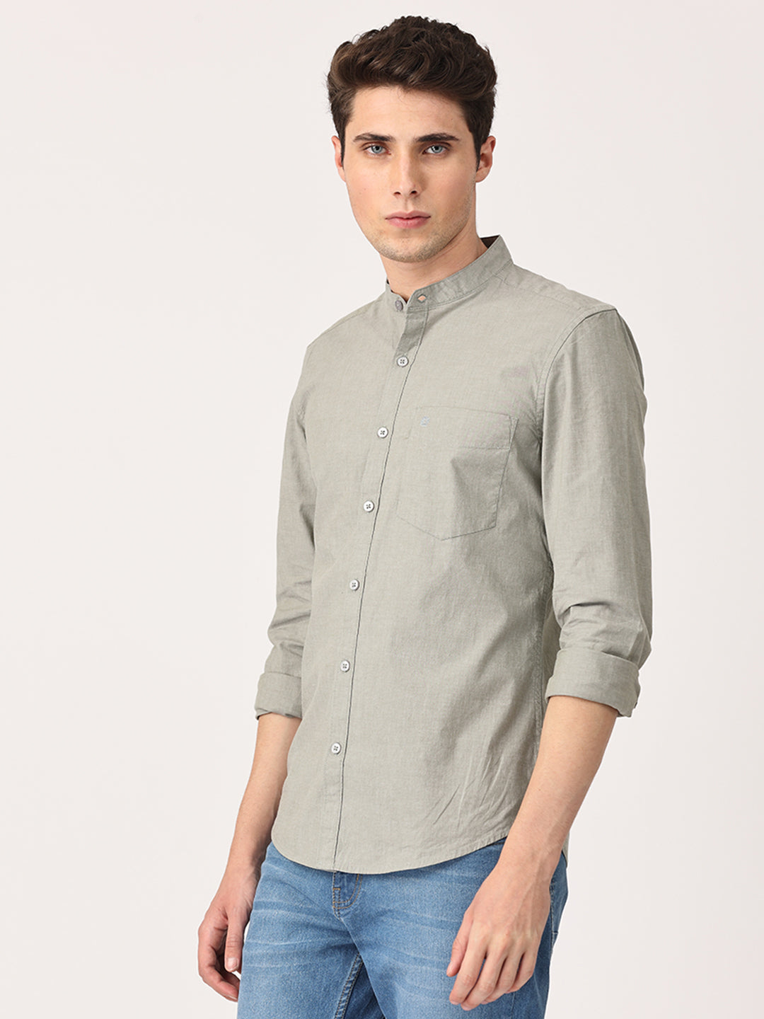 Crosscreek Men Olive Slim Fit Solid Cotton Casual Shirt Crosscreek