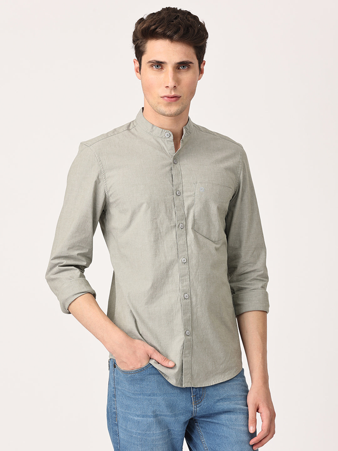 Crosscreek Men Olive Slim Fit Solid Cotton Casual Shirt Crosscreek