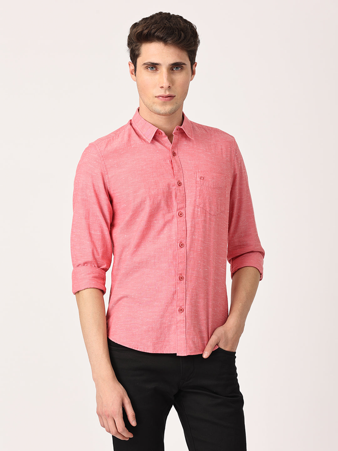 Crosscreek Men Red Slim Fit Solid Cotton Casual Shirt Crosscreek