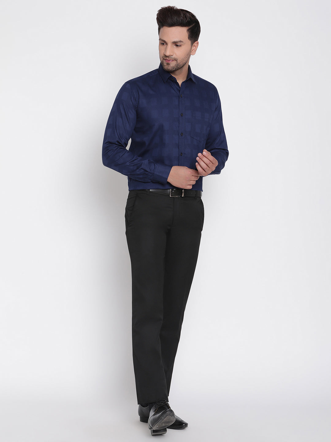 Navy Blue Dobby Checked Men Formal Shirt Copperline