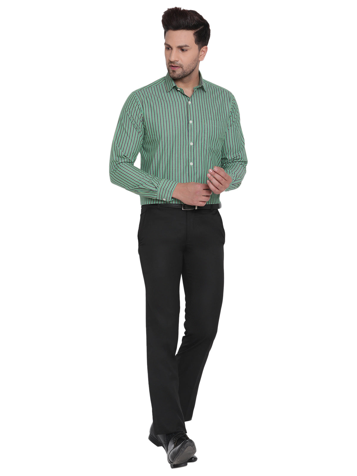 Men Green Striped Formal Shirt Copperline
