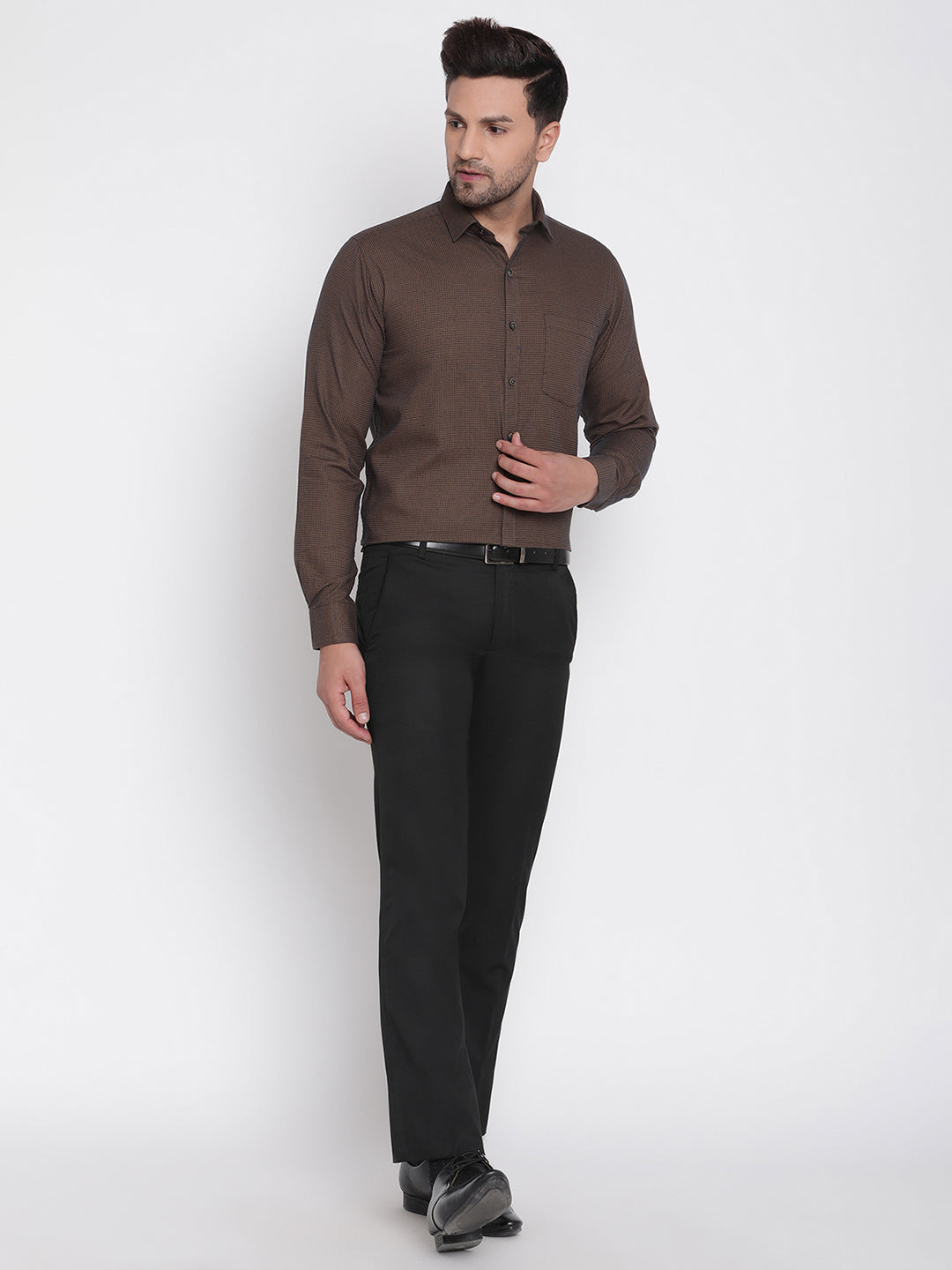 Men Brown Dobby Checked Formal Shirt Copperline