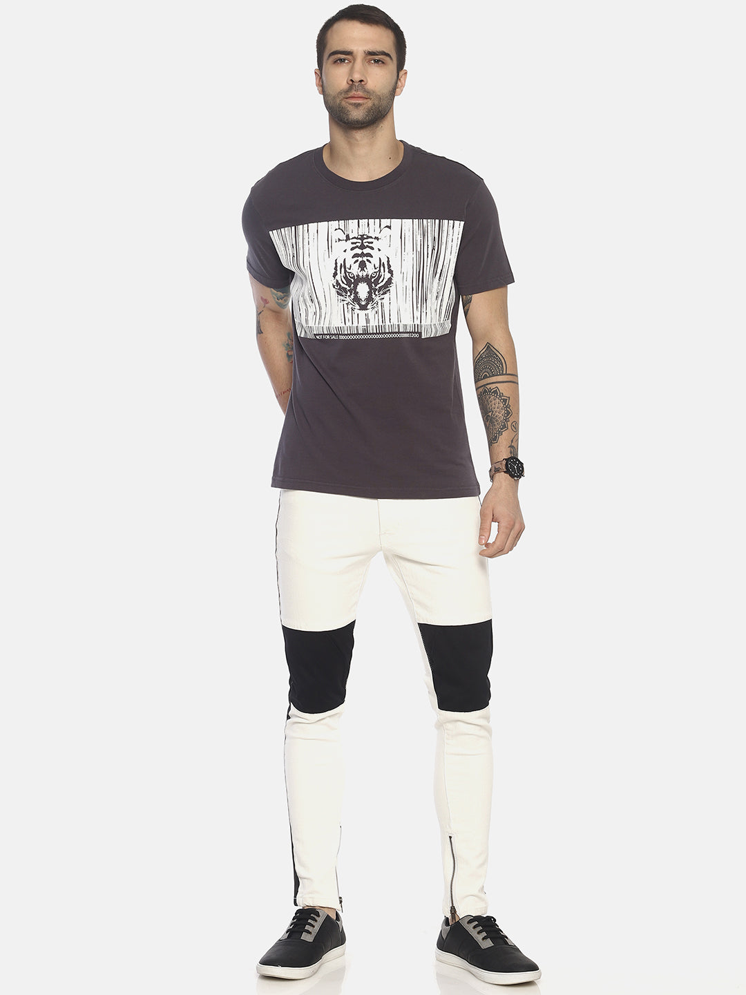 Wolfpack Round Neck Barcode Tiger Printed Grey T-Shirt Wolfpack