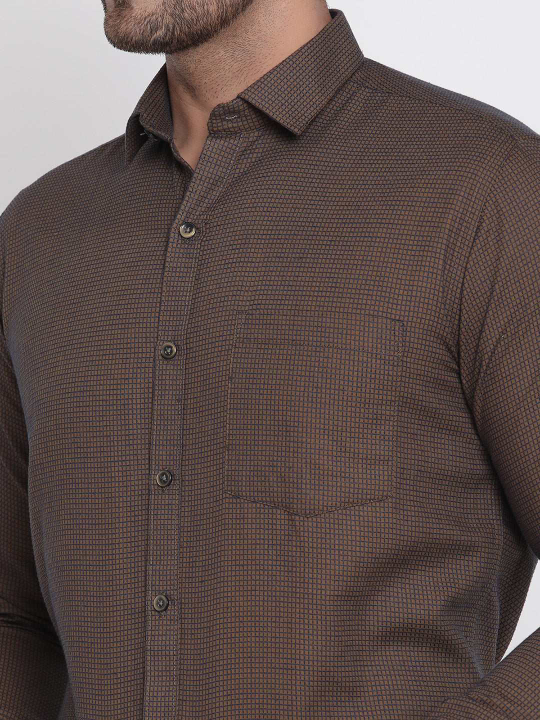 Men Brown Dobby Checked Formal Shirt Copperline