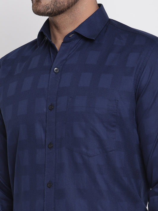 Navy Blue Dobby Checked Men Formal Shirt Copperline