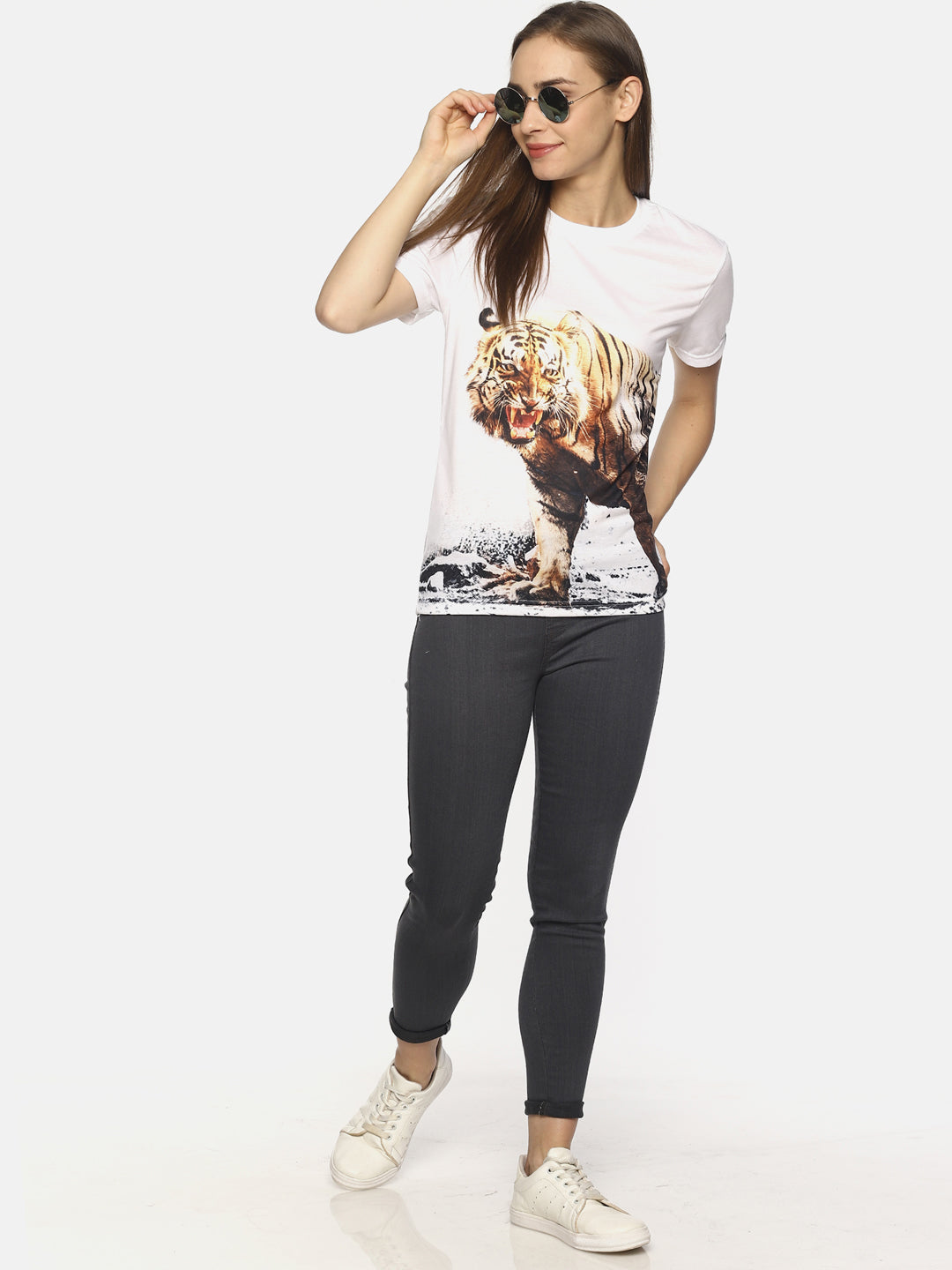 Wolfpack Women White Shivaji The Tiger Printed T-Shirt Wolfpack