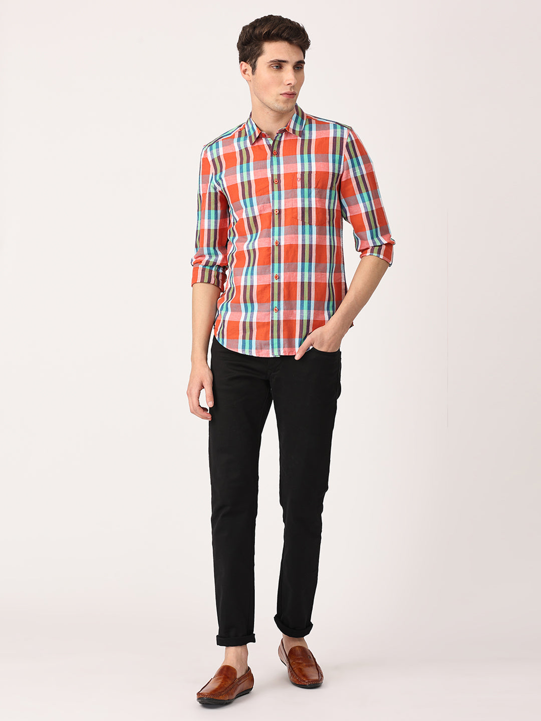 Crosscreek Men Multicolor Slim Fit Checked Linen Casual Shirt
