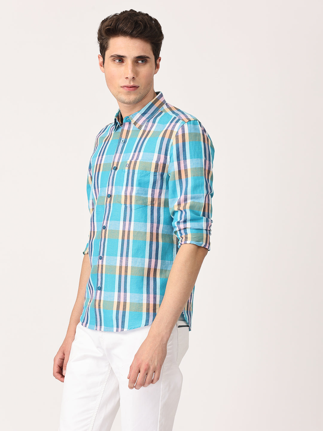 Crosscreek Men Multicolor Slim Fit Checked Linen Casual Shirt Crosscreek