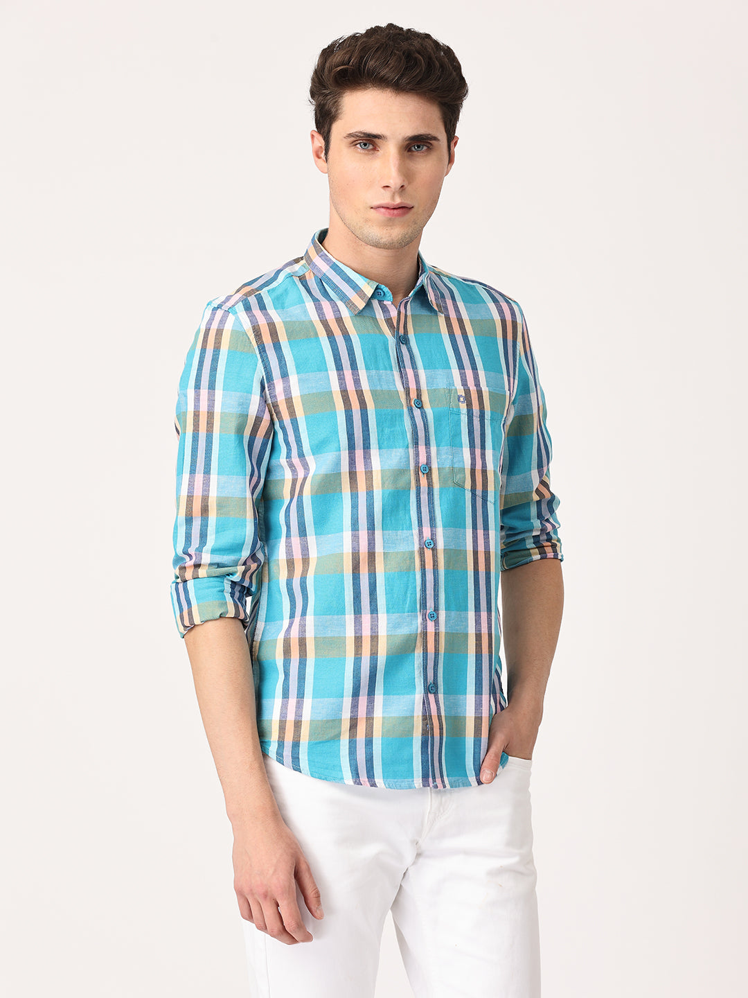 Crosscreek Men Multicolor Slim Fit Checked Linen Casual Shirt Crosscreek