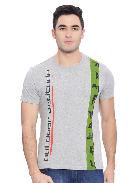Wolfpack Men Grey Melange Printed Round Neck T-Shirt Wolfpack
