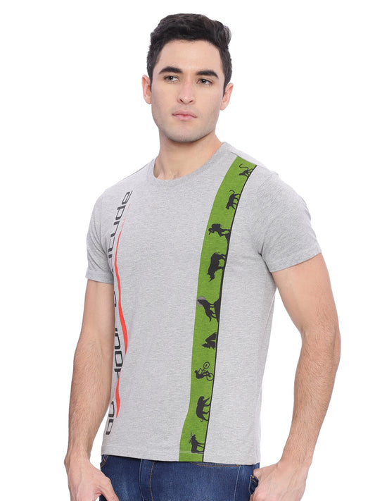 Wolfpack Men Grey Melange Printed Round Neck T-Shirt Wolfpack