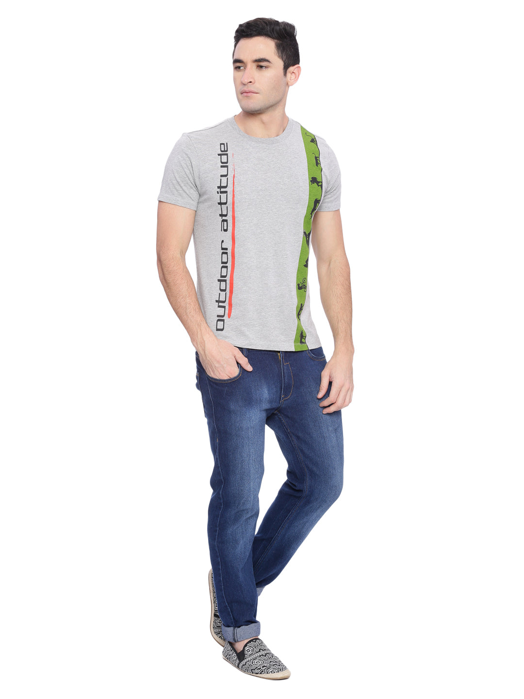 Wolfpack Men Grey Melange Printed Round Neck T-Shirt Wolfpack