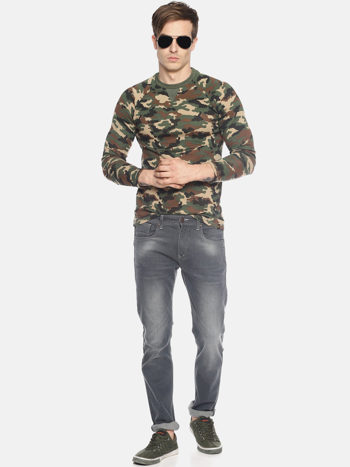 Wolfpack Men Army Green Camo Printed Sweatshirt Wolfpack