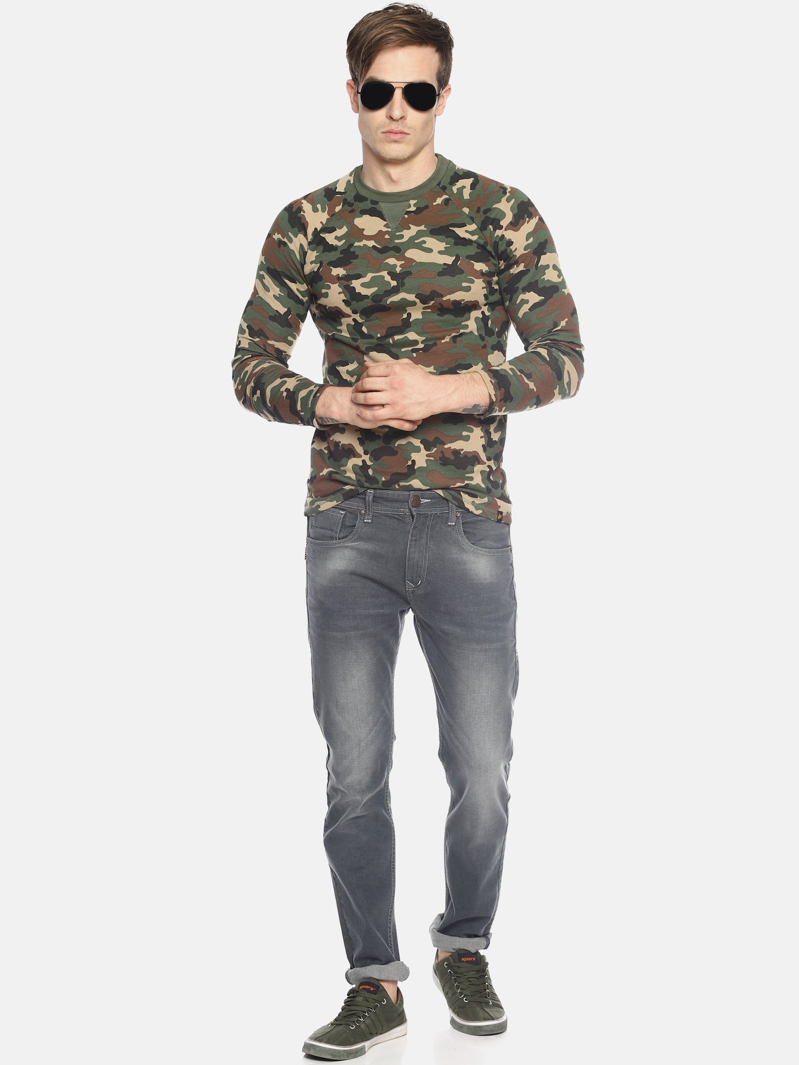 Wolfpack Men Army Green Camo Printed Sweatshirt Wolfpack