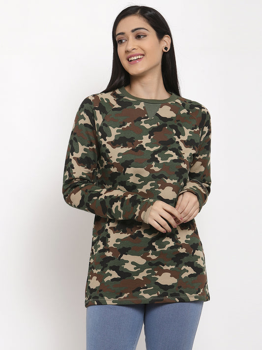 Wolfpack Women Army Green Printed Sweatshirt Wolfpack