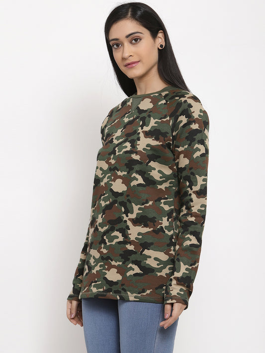 Wolfpack Women Army Green Printed Sweatshirt Wolfpack