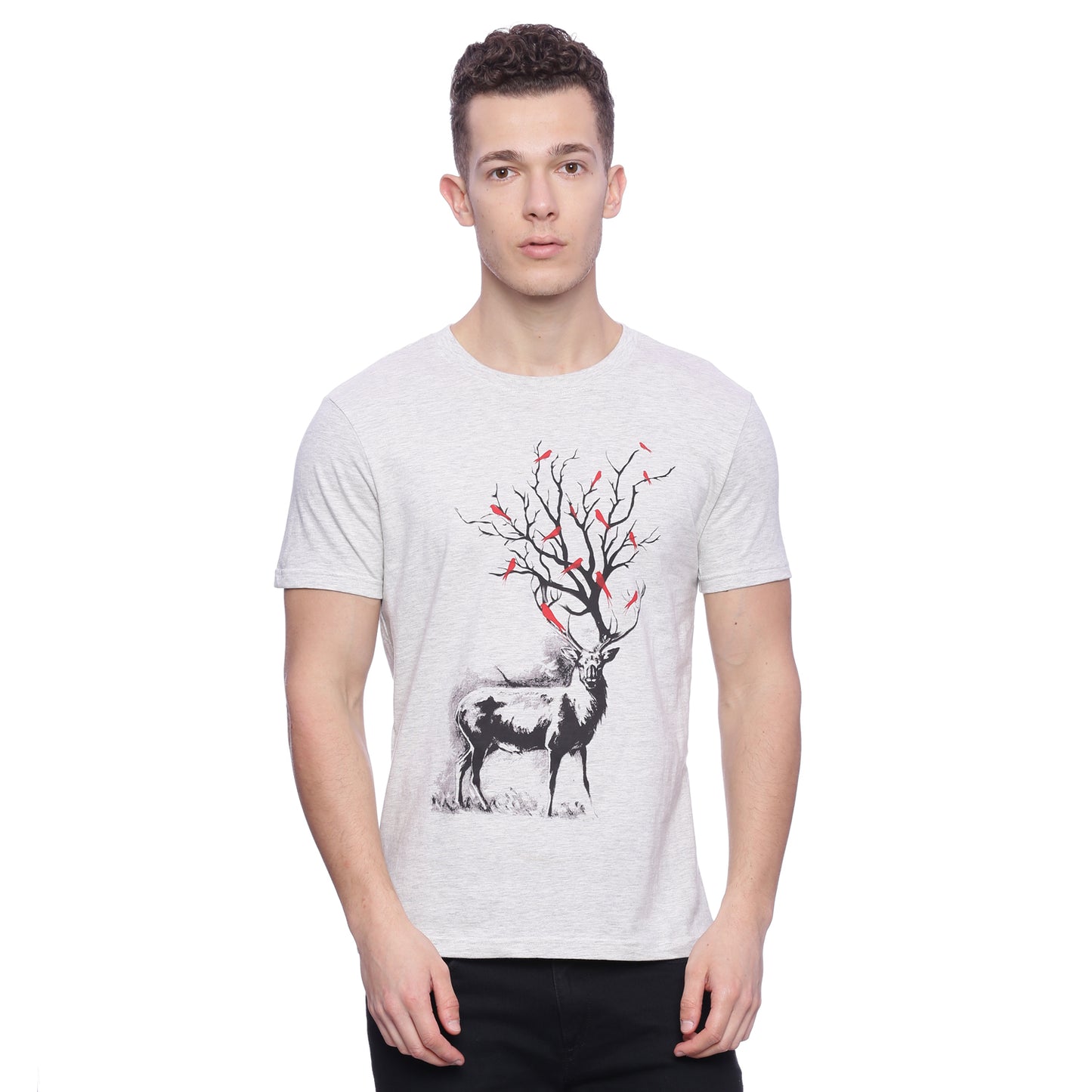 Wolfpack Men Grey Melange Printed T-Shirt Wolfpack