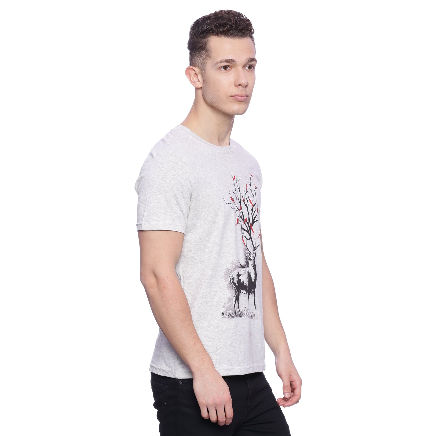 Wolfpack Men Grey Melange Printed T-Shirt Wolfpack