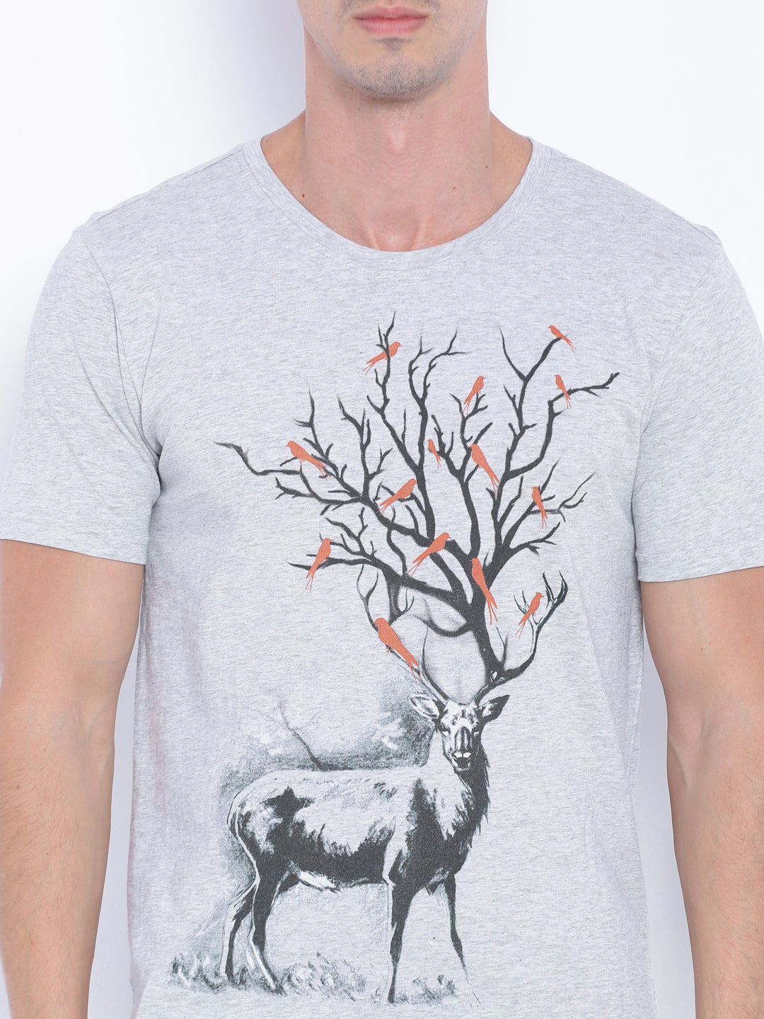 Wolfpack Men Grey Melange Printed T-Shirt Wolfpack