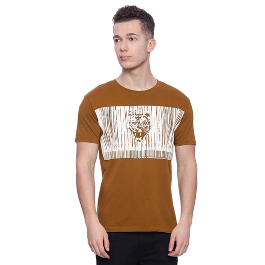 Wolfpack Round Neck Barcode Tiger Printed Brown T-Shirt Wolfpack