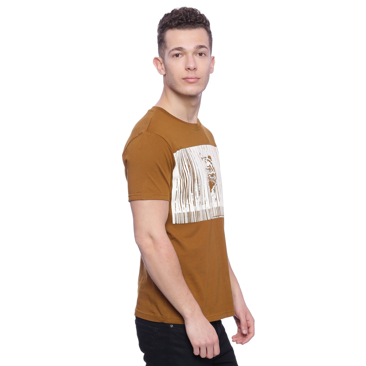 Wolfpack Round Neck Barcode Tiger Printed Brown T-Shirt Wolfpack